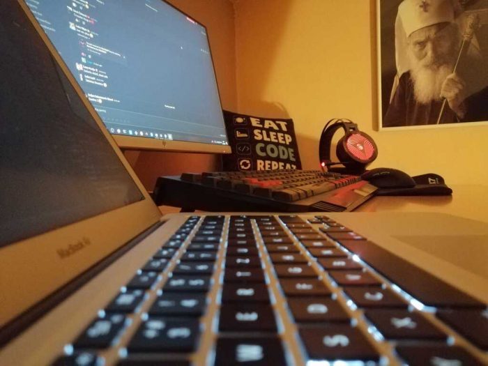 A home office desk setup for remote work.