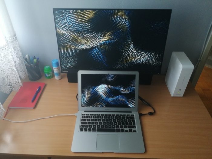 A home office desk setup for remote work.