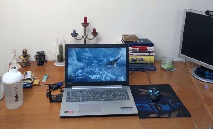 A home office desk setup for remote work.