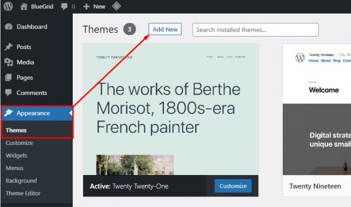 Adding new theme in WordPress dashboard.