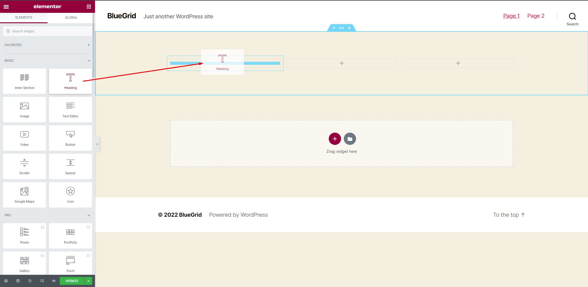 Dragging the Heading widget to the Column