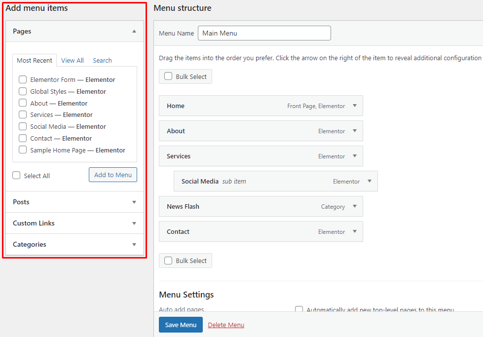 WordPress menu - Add Menu Items
