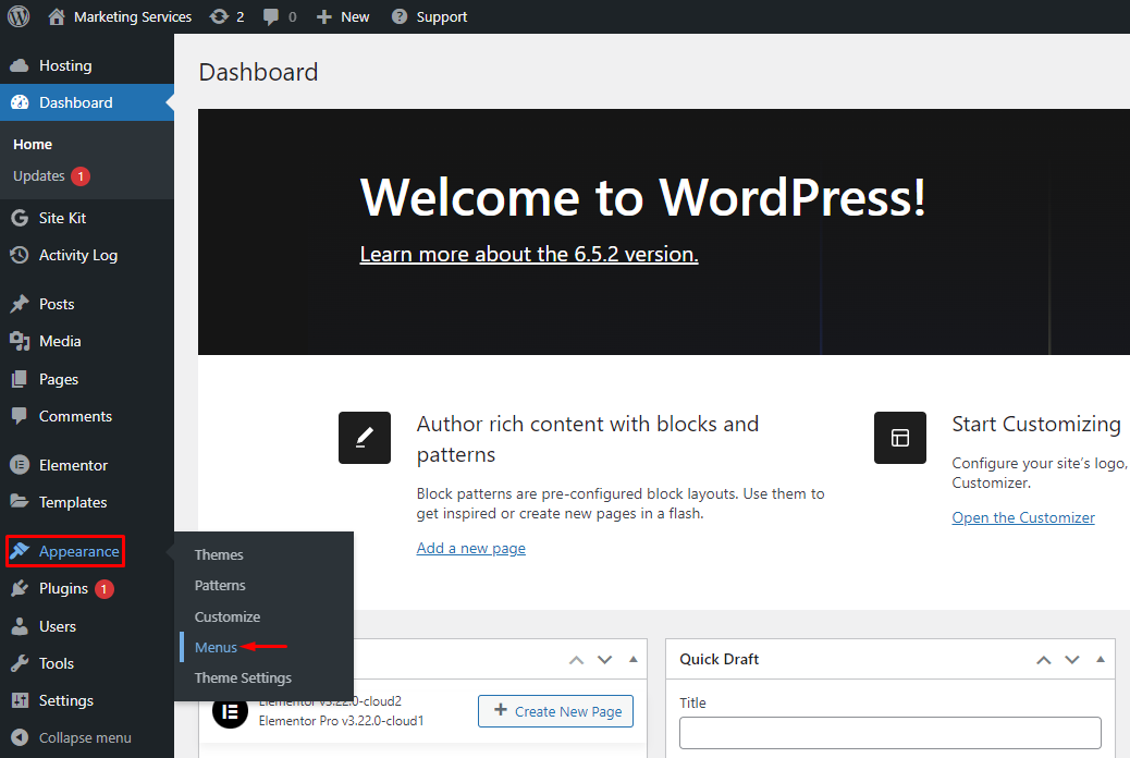 WordPress menu - Appearance Menus