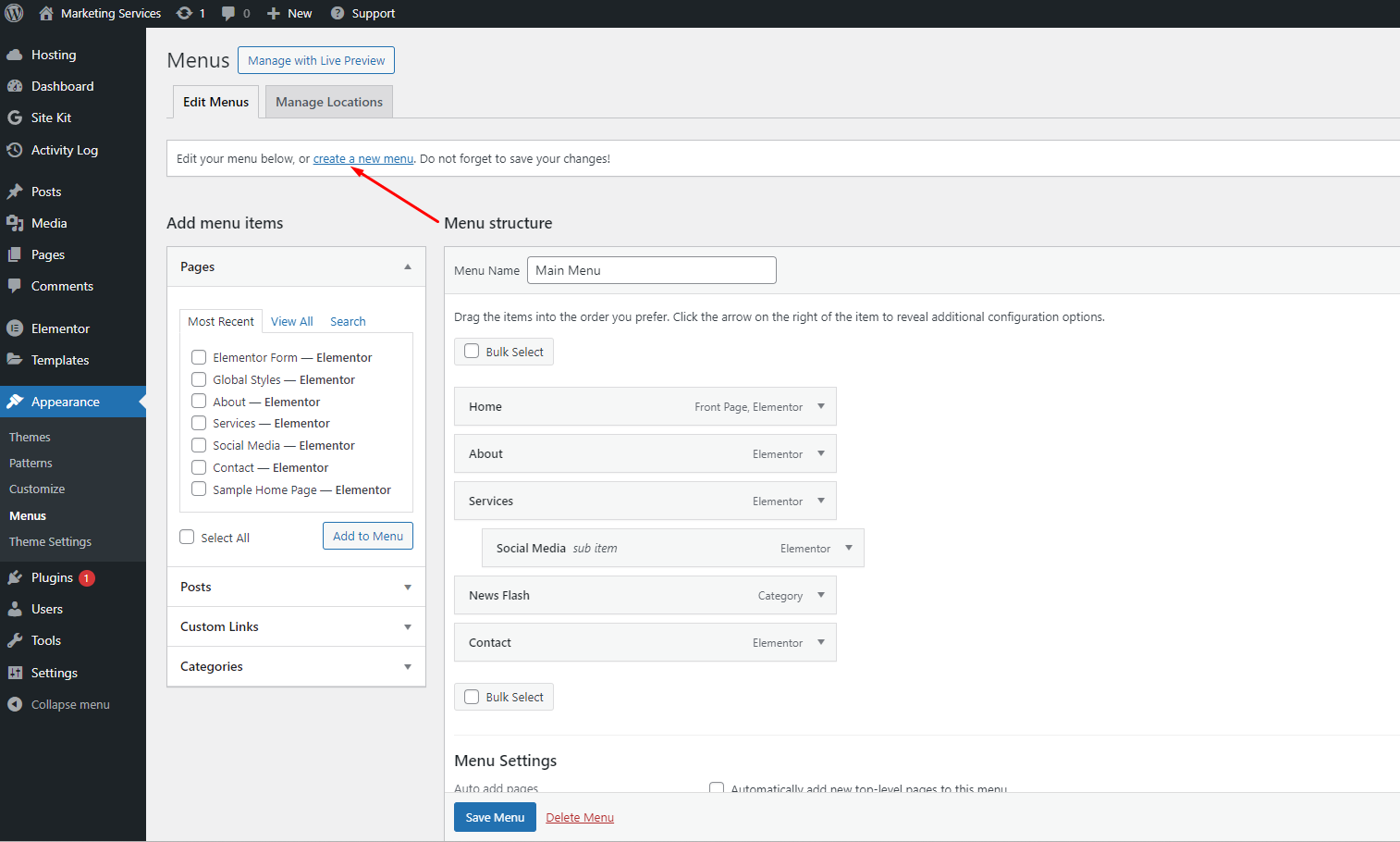 WordPress menu - Create a New Menu