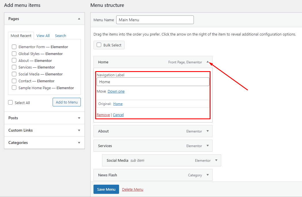 WordPress menu - Customize Menu Items