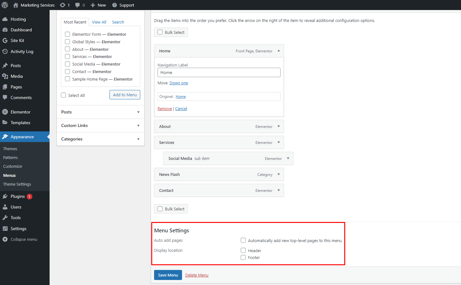 WordPress menu - Menu Settings