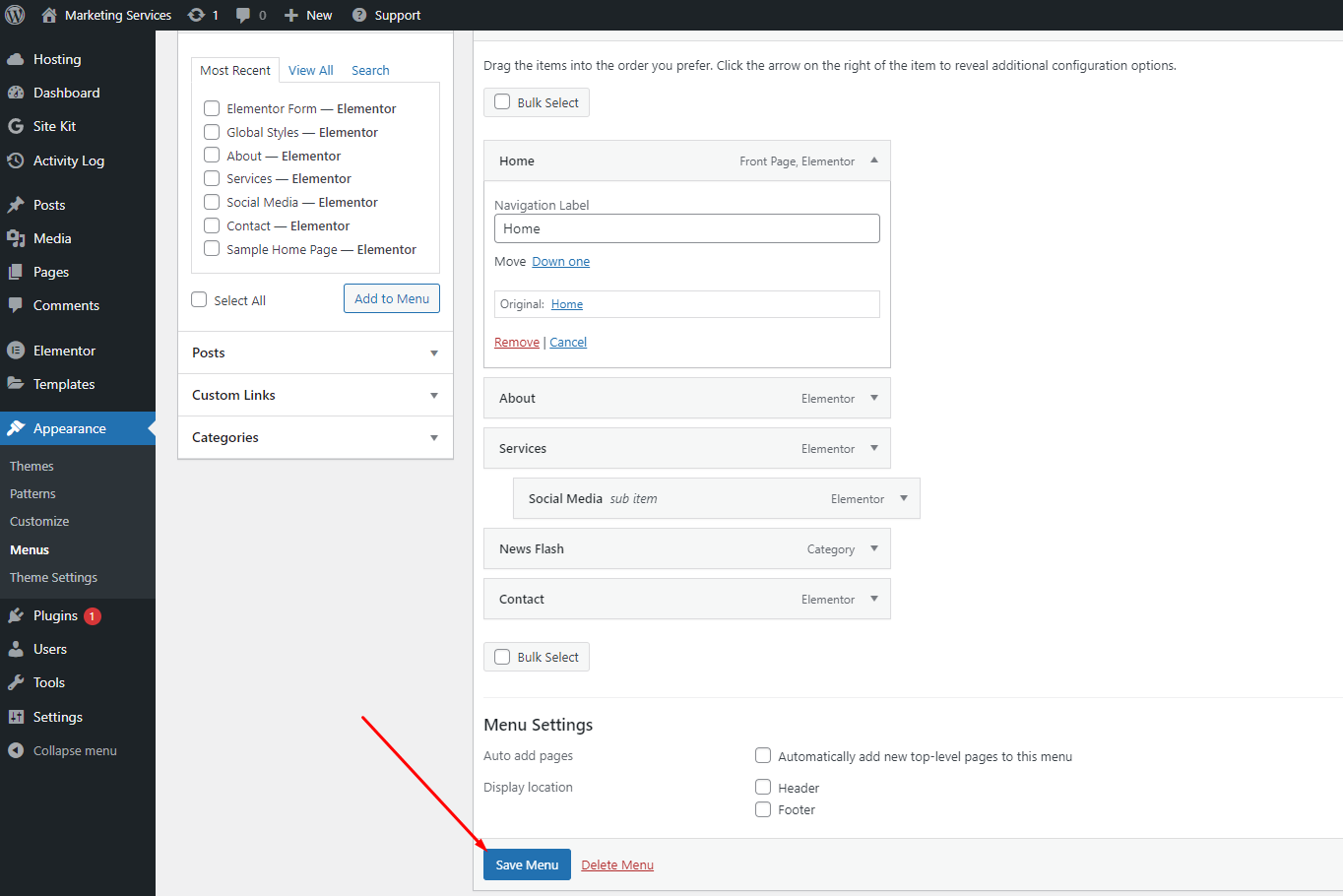 WordPress menu - Save Menu