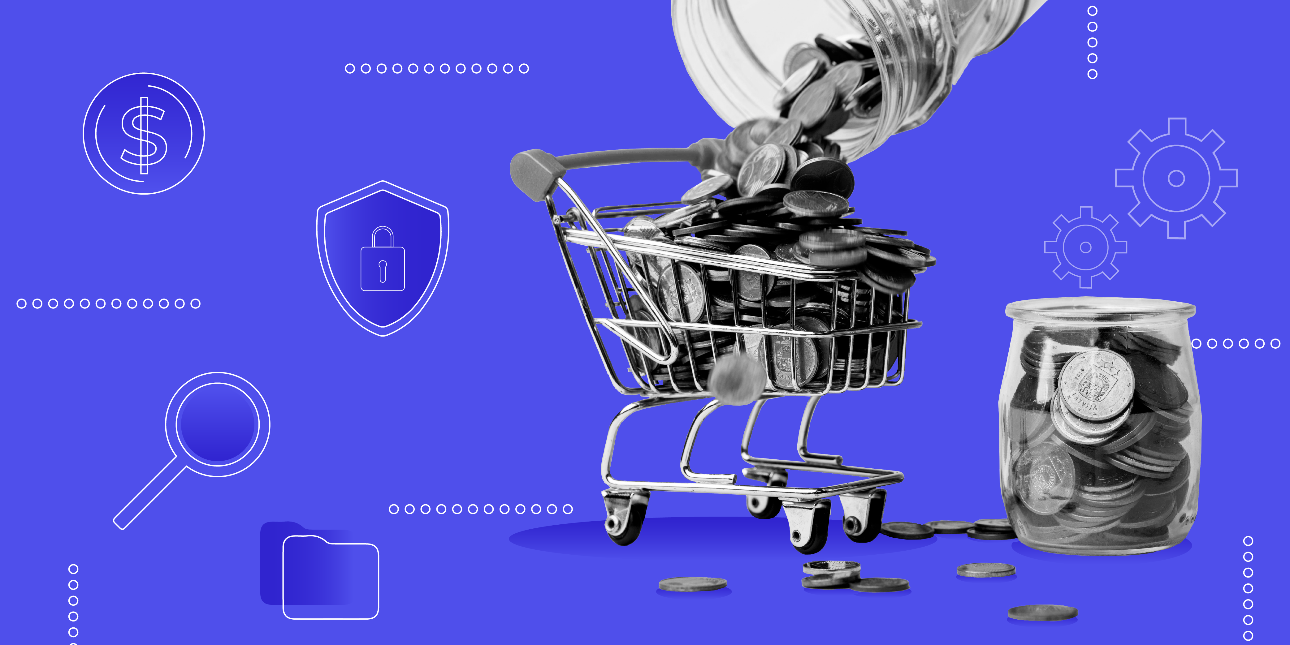 A shopping cart fulled with coins, and shield with padlock