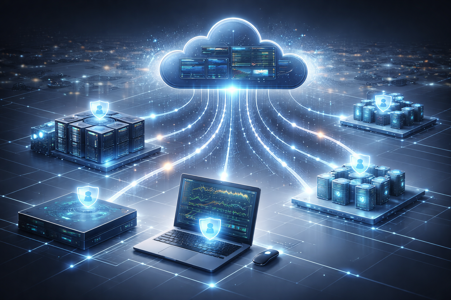 A digital illustration of a secure cloud computing network, showing a laptop and various servers connected to a glowing cloud, with data streams and shield icons representing cybersecurity and data protection.