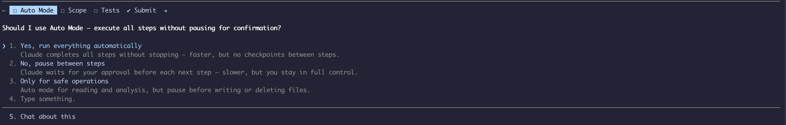 Claude Code Auto Mode options for automatic execution and manual approval