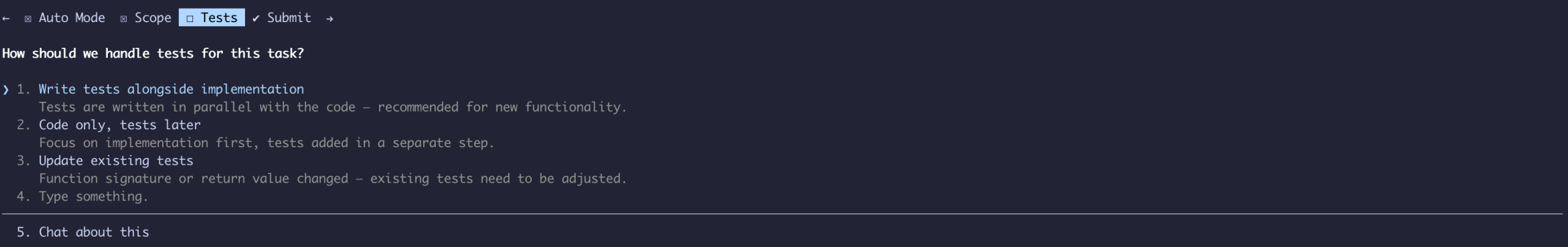 Claude Code Plan Mode options for handling tests