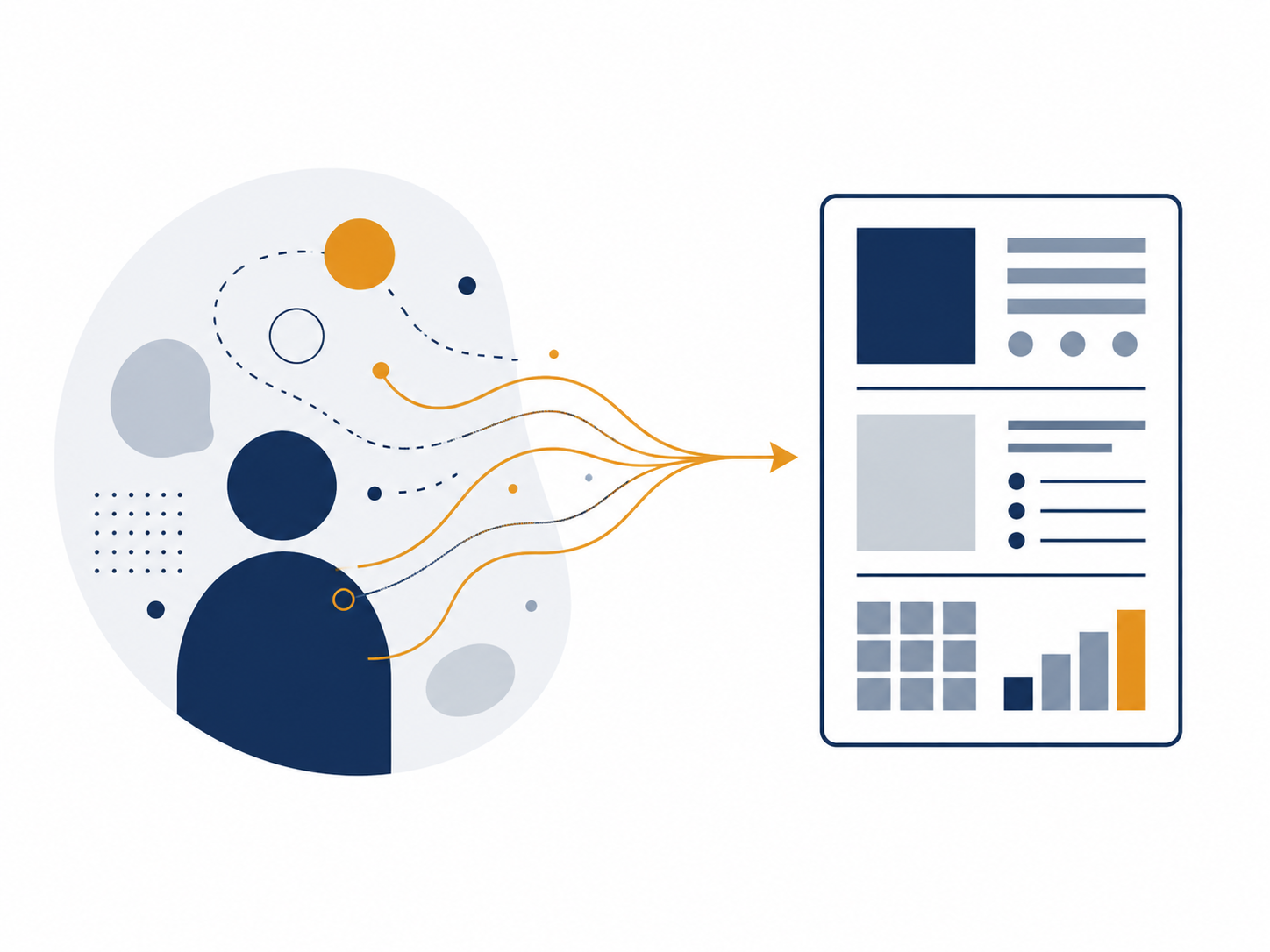 Abstract illustration of tacit human knowledge flowing into a structured document, representing the transformation of implicit experience into explicit, organized information.