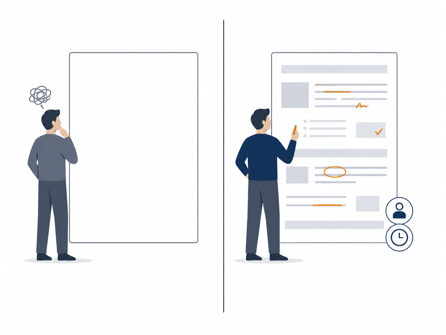 Split illustration contrasting the difficulty of creating knowledge from a blank page with the easier process of reviewing and refining a structured draft.