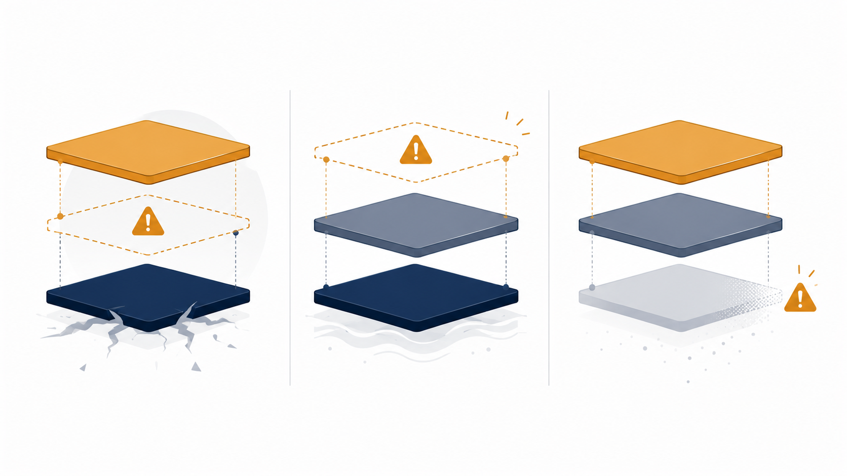 Three side-by-side layer stacks showing missing or weakened knowledge layers, with amber warning indicators highlighting gaps and system instability.